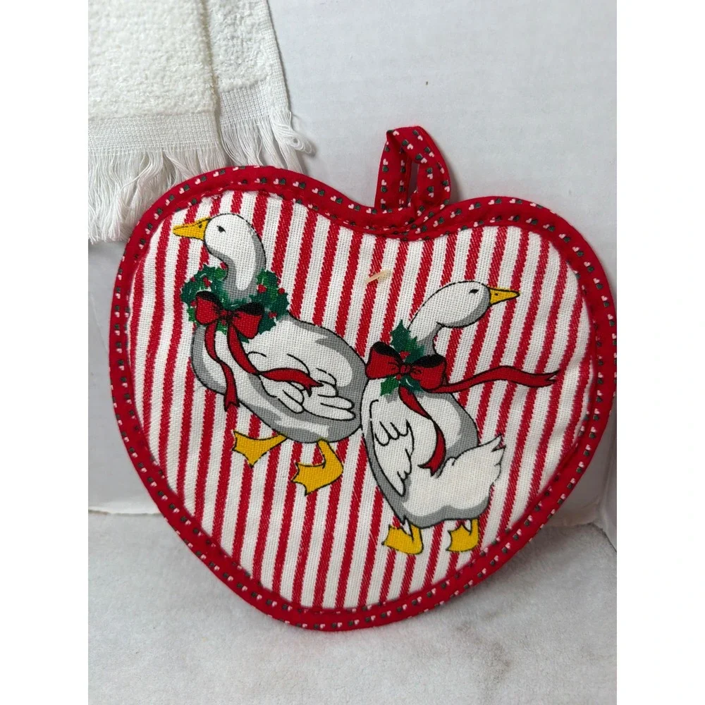 NWT VTG 90s Cannon Heirloom Kitchen Set Red Christmas Goose 3pc Towel Mitt